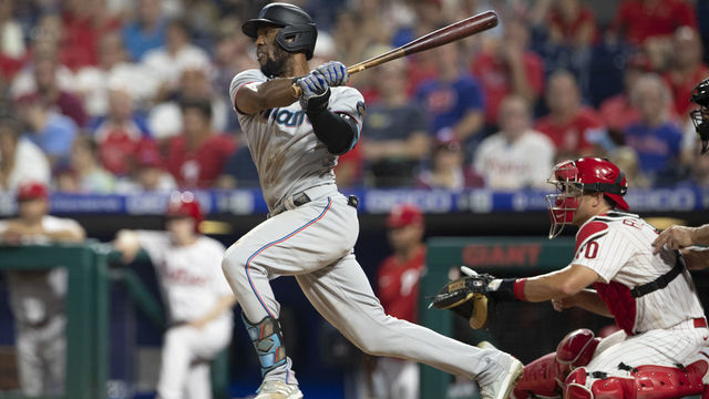 PHILADELPHIA, PA - JUNE 30: Starling Marte #6 of the Miami Marlins bats against the Philadelphia Phillies at Citizens Bank Park on June 30, 2021 in Philadelphia, Pennsylvania. The Marlins defeated the Phillies 11-6.