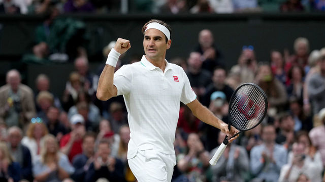 Roger Federer celebrates his win against Lorenzo Sonego on centre court on day seven of Wimbledon at The All England Lawn Tennis and Croquet Club, Wimbledon. Picture date: Monday July 5, 2021.