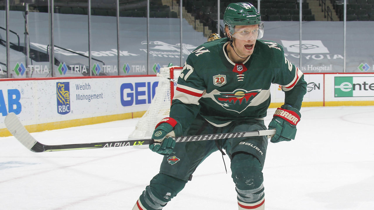 SAINT PAUL, MN - MARCH 10: Nick Bjugstad #27 of the Minnesota Wild skates against the Vegas Golden Knights during the game at the Xcel Energy Center on March 10, 2021 in Saint Paul, Minnesota.