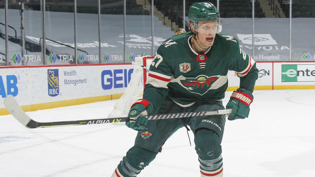 SAINT PAUL, MN - MARCH 10: Nick Bjugstad #27 of the Minnesota Wild skates against the Vegas Golden Knights during the game at the Xcel Energy Center on March 10, 2021 in Saint Paul, Minnesota.