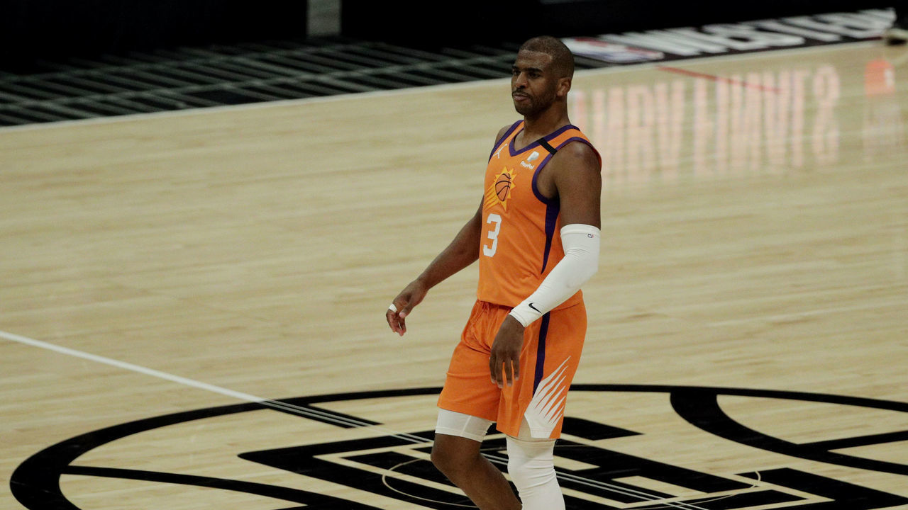 LOS ANGELES, CA - JUNE 30, 202: Phoenix Suns guard Chris Paul (3) saunters down the court after sinking three-pointer with the Suns having a commanding lead against LA Clippers late in the game of the Western Conference Finals at Staples Center on June 30, 2021 in Los Angeles, CA.(Gina Ferazzi / Los Angeles Times via Getty Images)