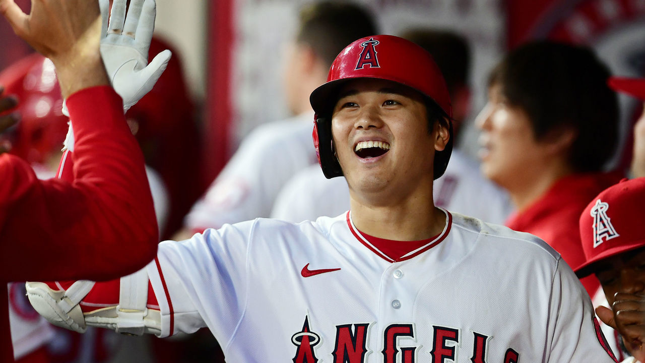 ANAHEIM, CA - JULY 02: Los Angeles Angels designated hitter Shohei Ohtani (17) in the dugout after hitting a two run home run in the fourth inning of a game against the Baltimore Orioles played on July 2, 2021 at Angel Stadium in Anaheim, CA.