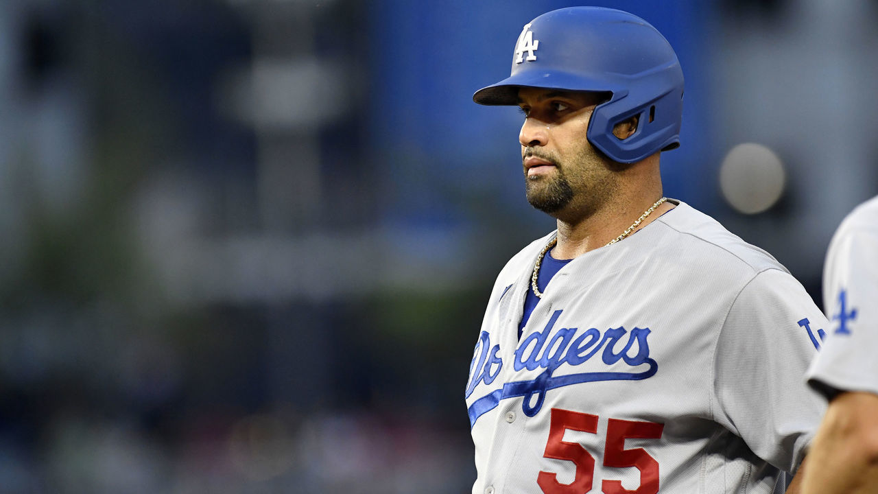 WASHINGTON, DC - JULY 01: Los Angeles Dodgers first baseman Albert Pujols (55) takes a lead on first base during the Los Angeles Dodgers versus Washington Nationals MLB game at Nationals Park on July 1, 2021 in Washington, D.C..
