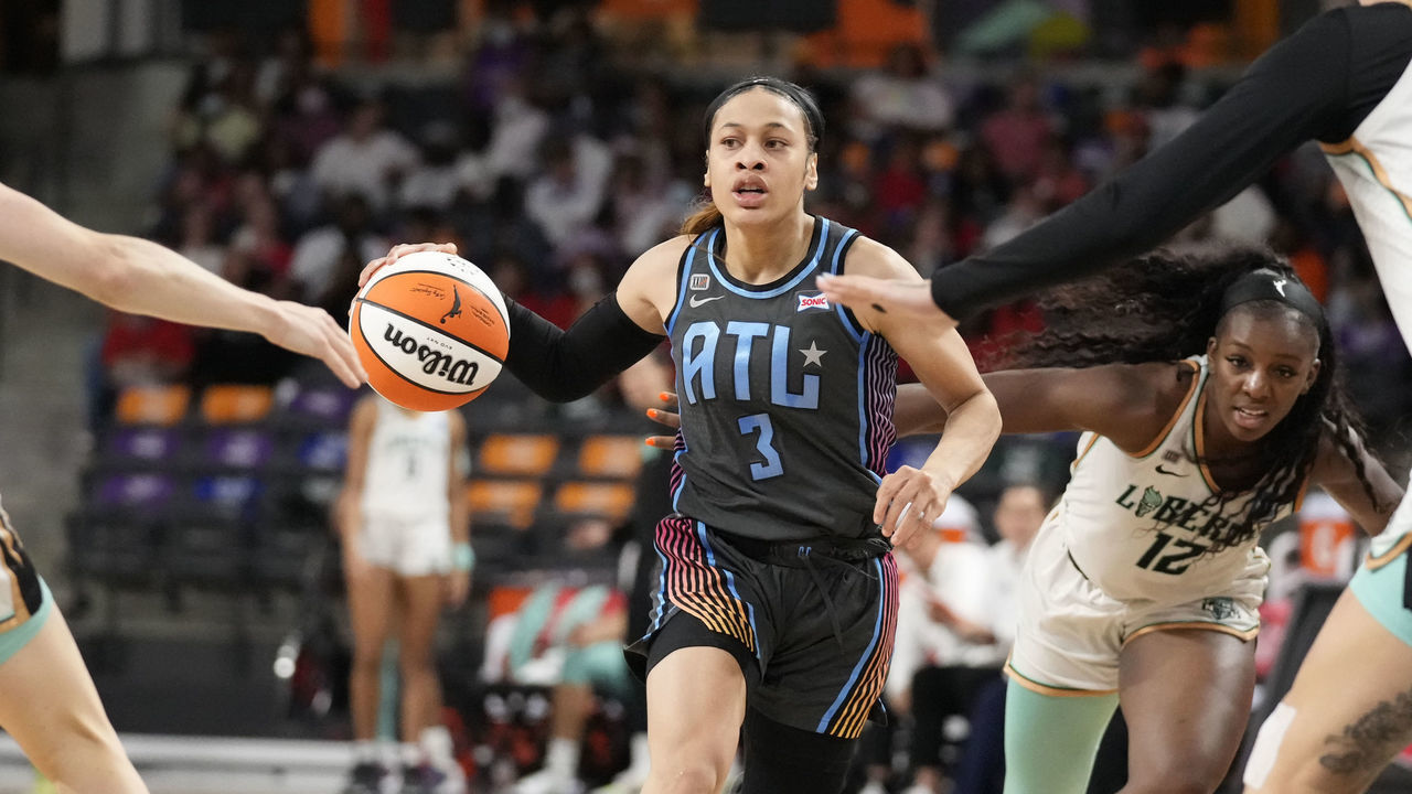 ATLANTA, GA - JUNE 26: Chennedy Carter #3 of the Atlanta Dream handles the ball against the New York Liberty on June 26, 2021 at Gateway Center Arena in College Park, Georgia. Mandatory Copyright Notice: Copyright 2021 NBAE