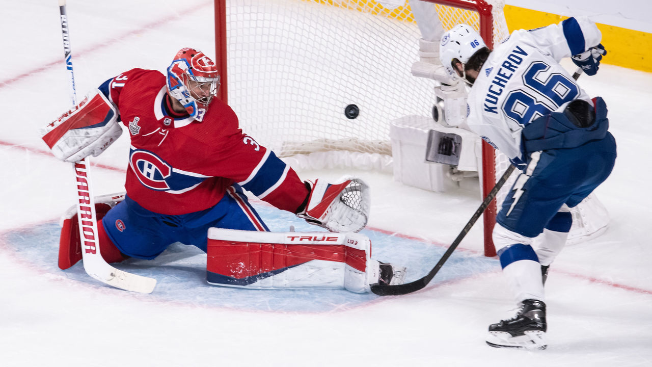 MONTREAL, QC - JULY 05: Carey Price (31) of the Montreal Canadiens makes the save against Nikita Kucherov (86) of the Tampa Bay Lightning during the third period of Game Four of the 2021 NHL Stanley Cup Final between the Tampa Bay Lightning and the Montreal Canadiens at Bell Centre on July 05, 2021 in Montreal, Quebec, Canada