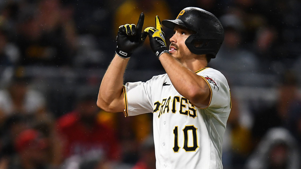 PITTSBURGH, PA - JULY 02: Bryan Reynolds #10 of the Pittsburgh Pirates celebrates his solo home run during the eighth inning against the Milwaukee Brewers at PNC Park on July 2, 2021 in Pittsburgh, Pennsylvania.