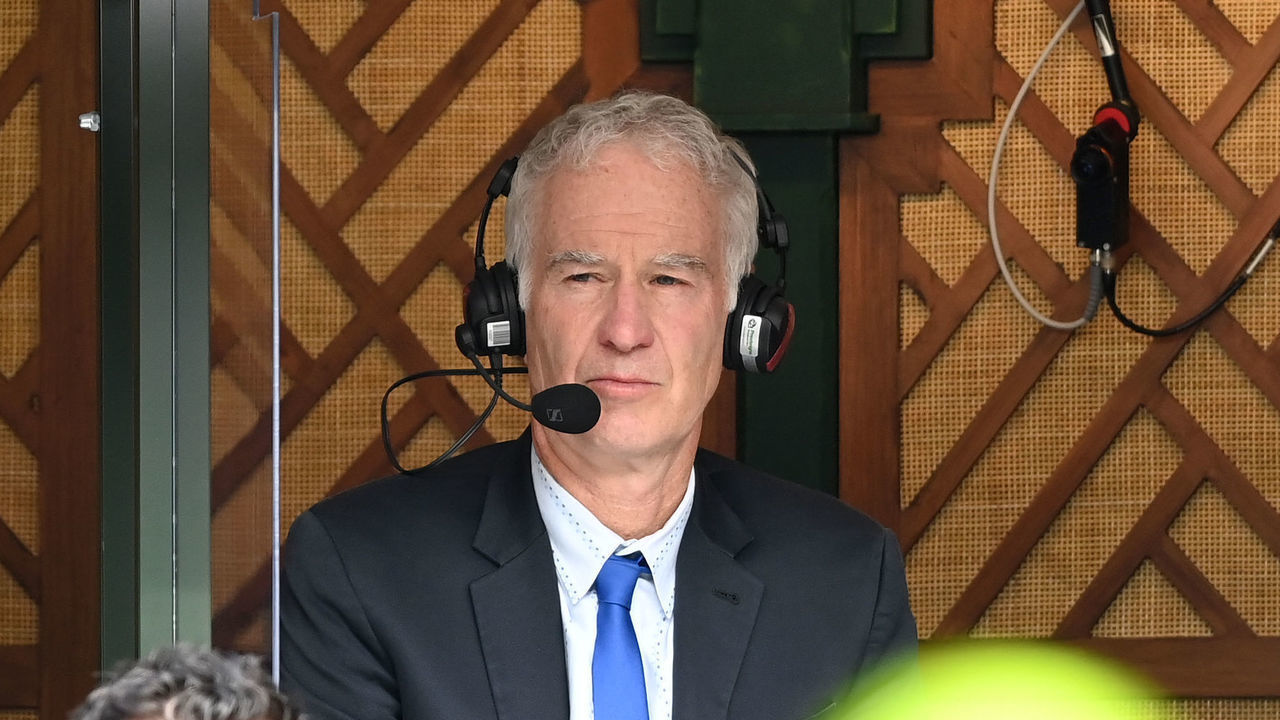 LONDON, ENGLAND - JULY 01: John McEnroe commentates from the Wimbledon Championships at All England Lawn Tennis and Croquet Club on July 01, 2021 in London, England.