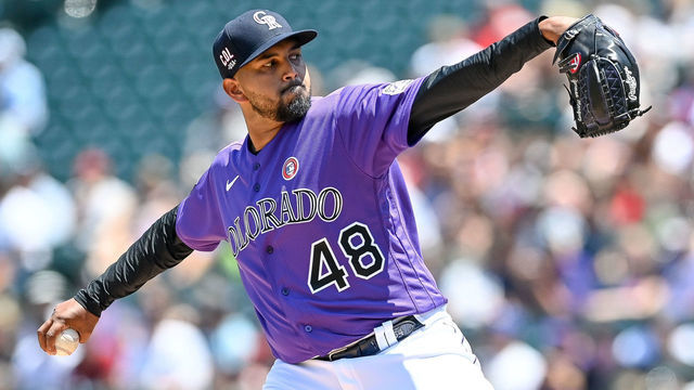 DENVER, CO - JULY 04: German Marquez #48 of the Colorado Rockies pitches against the St. Louis Cardinals in the first inning of a game at Coors Field on July 4, 2021 in Denver, Colorado.