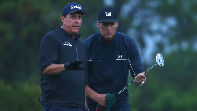 HOBE SOUND, FLORIDA - MAY 24: Phil Mickelson reads a putt for NFL player Tom Brady of the Tampa Bay Buccaneers on the 17th green during The Match: Champions For Charity at Medalist Golf Club on May 24, 2020 in Hobe Sound, Florida.
