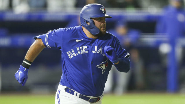 BUFFALO, NEW YORK - JUNE 16: Rowdy Tellez #44 of the Toronto Blue Jays runs to first as he grounds out during the eighth inning against the New York Yankees at Sahlen Field on June 16, 2021 in Buffalo, New York.