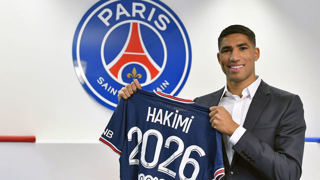 PARIS, FRANCE - JULY 06: Achraf Hakimi signs a 5 year contract with the Paris Saint-Germain at on July 06, 2021 in Paris, France.