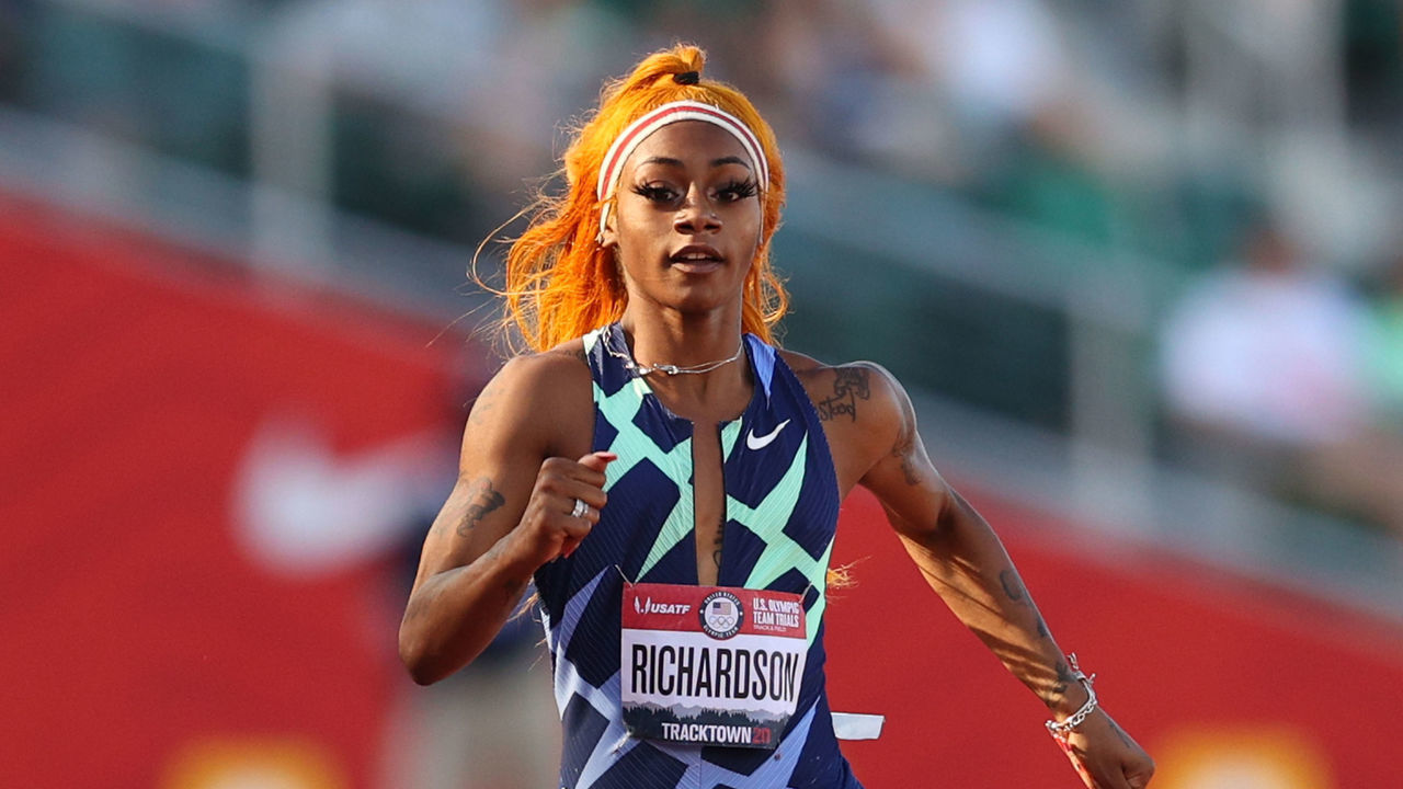 EUGENE, OREGON - JUNE 19: Sha'Carri Richardson runs in the Women's 100 Meter semifinal on day 2 of the 2020 U.S. Olympic Track & Field Team Trials at Hayward Field on June 19, 2021 in Eugene, Oregon.