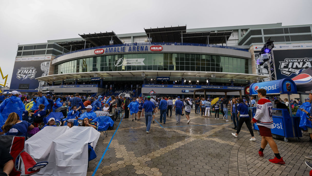 TAMPA, FL - JUNE 30: A general view outside Amalie Arena before Game Two of the Stanley Cup Final between the Montreal Canadians and the Tampa Bay Lightning on June 30, 2021 at AMALIE Arena in Tampa, Fl.