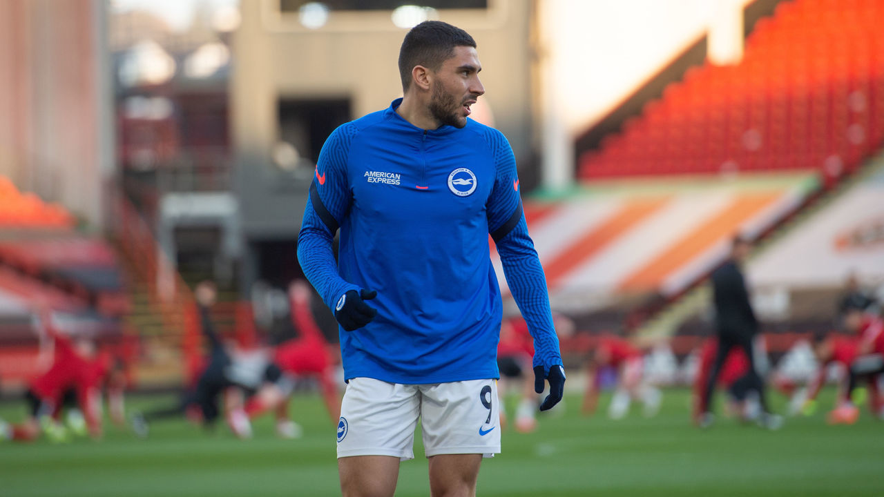 Neal Maupay of Brighton and Hove Albion warming up before the Premier League match between Sheffield United and Brighton and Hove Albion at Bramall Lane, Sheffield on 24th April 2021.