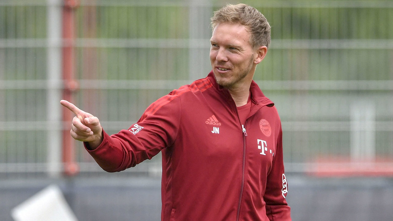 Bayern Munich's new head coach Julian Nagelsmann gets ready to oversee the first training session with his team at their training grounds in Munich, southern Germany, on July 7, 2021.