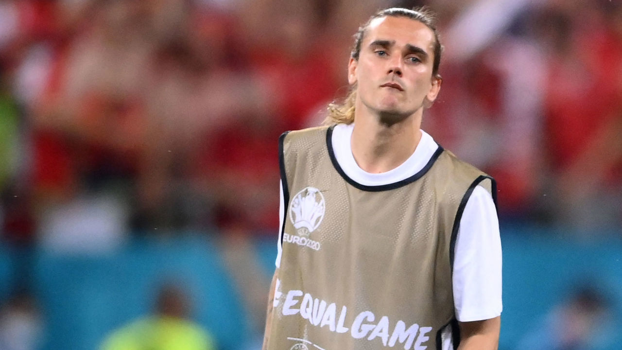 France's forward Antoine Griezmann reacts to their loss during the UEFA EURO 2020 round of 16 football match between France and Switzerland at the National Arena in Bucharest on June 28, 2021.