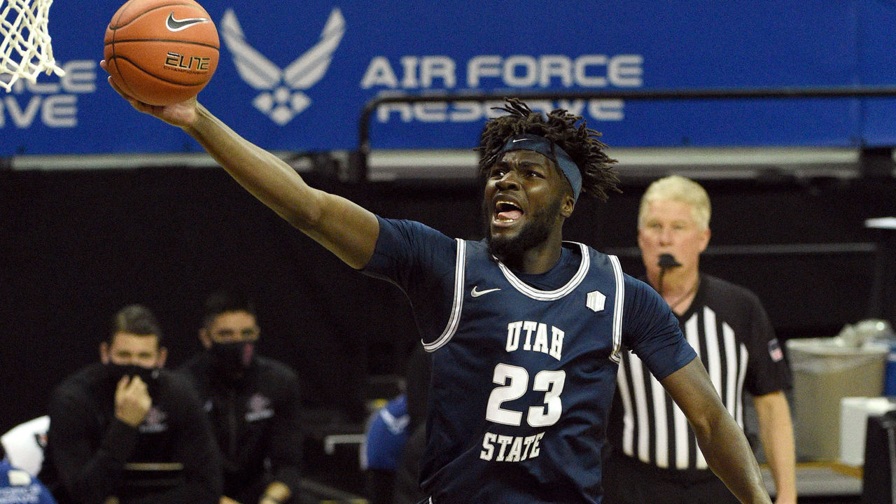 LAS VEGAS, NEVADA - MARCH 13: Neemias Queta #23 of the Utah State Aggies shoots against the San Diego State Aztecs during the championship game of the Mountain West Conference basketball tournament at the Thomas & Mack Center on March 13, 2021 in Las Vegas, Nevada. San Diego State won 68-57.