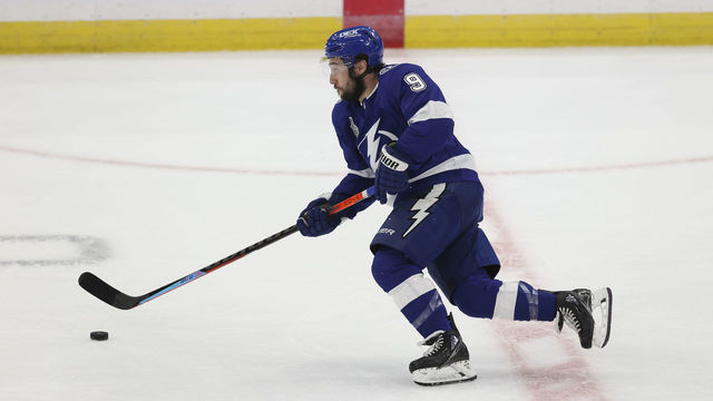 TAMPA, FL - JUNE 28: Tampa Bay Lightning center Tyler Johnson (9) skates during Game 1 of the 2021 NHL Stanley Cup Final between the Montreal Canadiens and Tampa Bay Lightning on June 28, 2021 at Amalie Arena in Tampa, FL.
