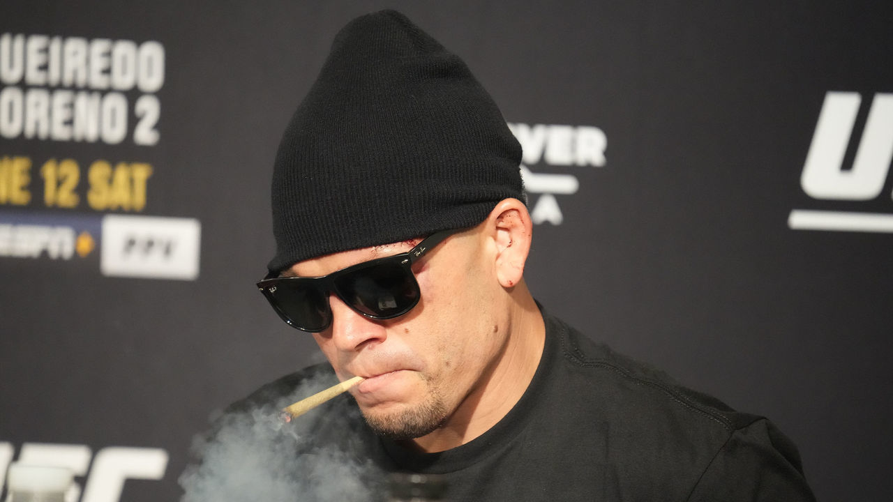 GLENDALE, AZ - JUNE 12: Nate Diaz meets with the press following his match at UFC 263 on June 12, 2021, at Gila River Arena in Glendale, AZ.