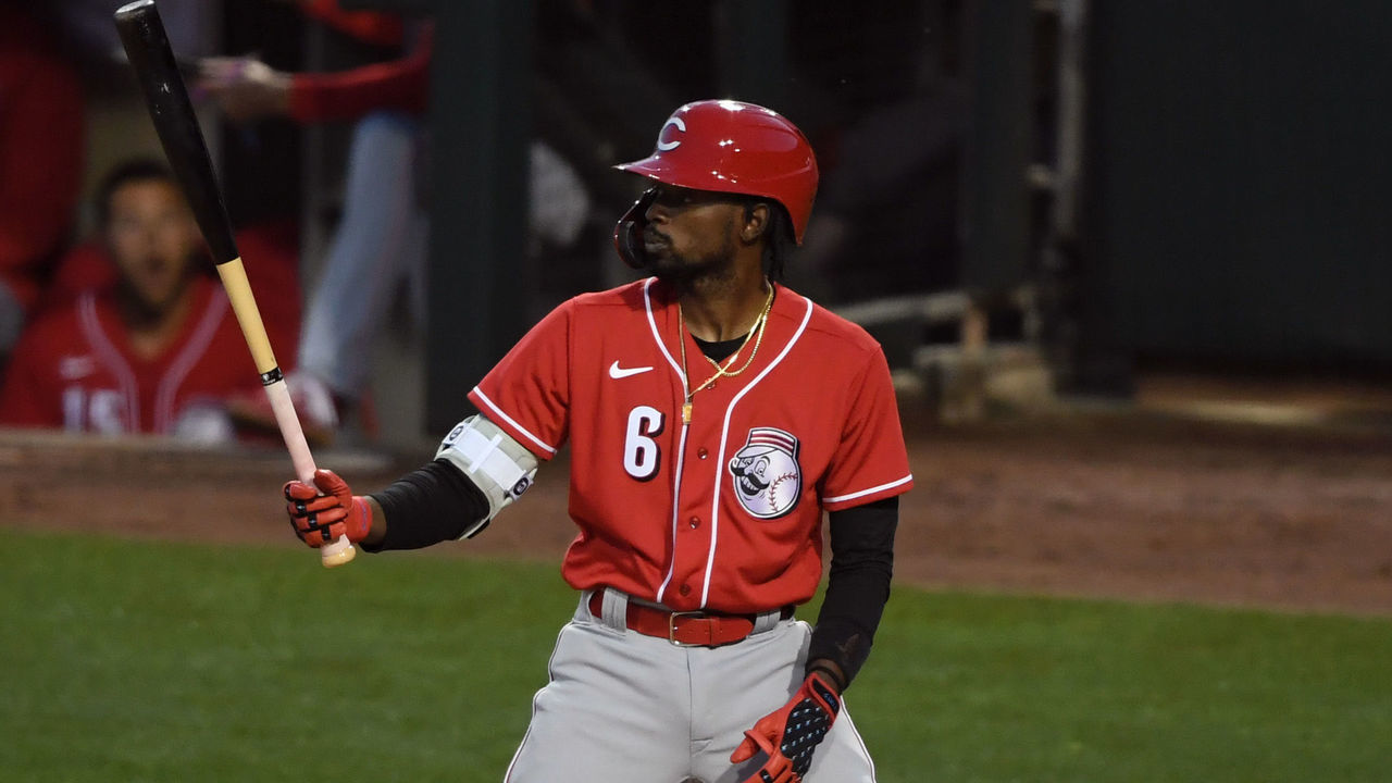 GOODYEAR, ARIZONA - MARCH 03: Dee Strange-Gordon #6 of the Cincinnati Reds gets ready in the batters box against the Los Angeles Dodgers during a spring training game at Camelback Ranch on March 03, 2021 in Goodyear, Arizona.