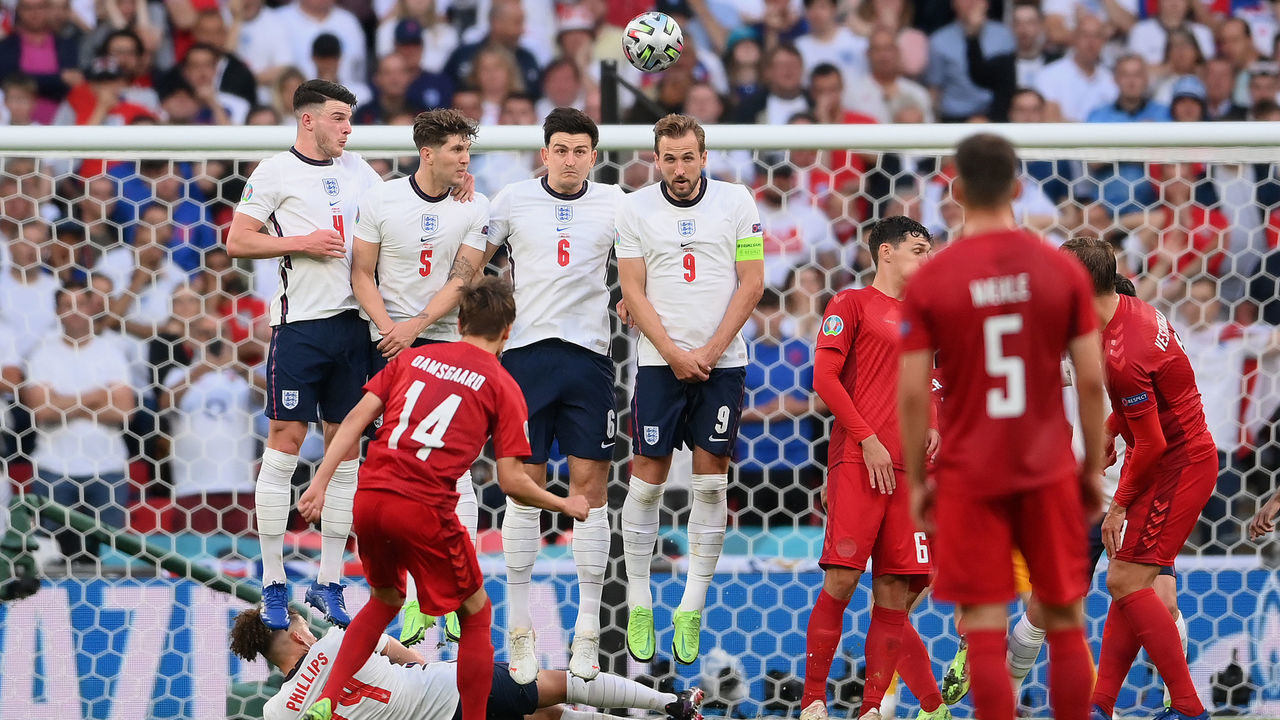 LONDON, ENGLAND - JULY 07: Mikkel Damsgaard of Denmark scores their team's first goal from a free kick during the UEFA Euro 2020 Championship Semi-final match between England and Denmark at Wembley Stadium on July 07, 2021 in London, England.