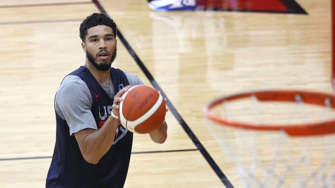 LAS VEGAS, NEVADA - JULY 06: Jayson Tatum #10 of the 2021 USA Basketball Men's National Team practices at the Mendenhall Center at UNLV as the team gets ready for the Tokyo Olympics on July 6, 2021 in Las Vegas, Nevada.