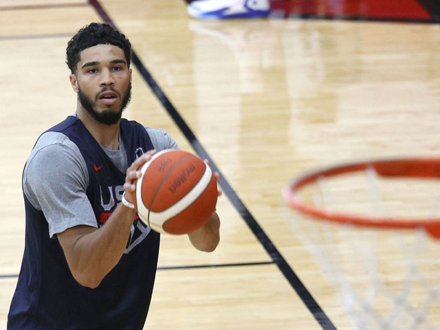 LAS VEGAS, NEVADA - JULY 06: Jayson Tatum #10 of the 2021 USA Basketball Men's National Team practices at the Mendenhall Center at UNLV as the team gets ready for the Tokyo Olympics on July 6, 2021 in Las Vegas, Nevada.