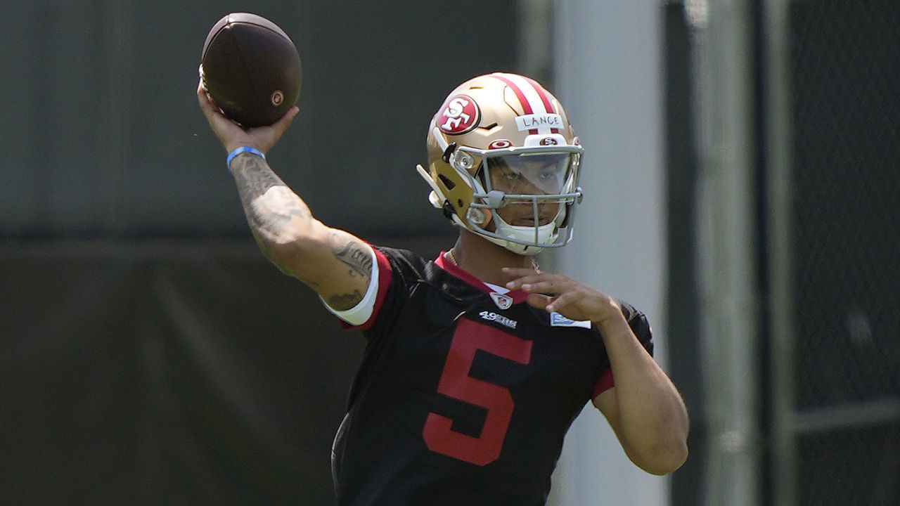 SANTA CLARA, CALIFORNIA - MAY 14: Trey Lance #5 of the San Francisco 49ers works out during an OTA rookie mini camp at Levi Stadium on May 14, 2021 in Santa Clara, California.
