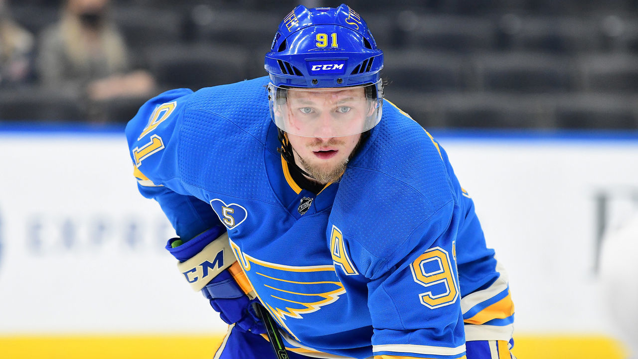 ST. LOUIS, MO - APRIL 24: St. Louis Blues right wing Vladimir Tarasenko (91) during a NHL game between the Colorado Avalanche and the St. Louis Blues on April 24, 2021, at Enterprise Center, St. Louis, Mo. ,