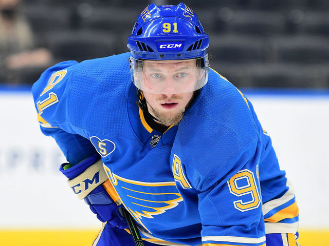 ST. LOUIS, MO - APRIL 24: St. Louis Blues right wing Vladimir Tarasenko (91) during a NHL game between the Colorado Avalanche and the St. Louis Blues on April 24, 2021, at Enterprise Center, St. Louis, Mo. ,