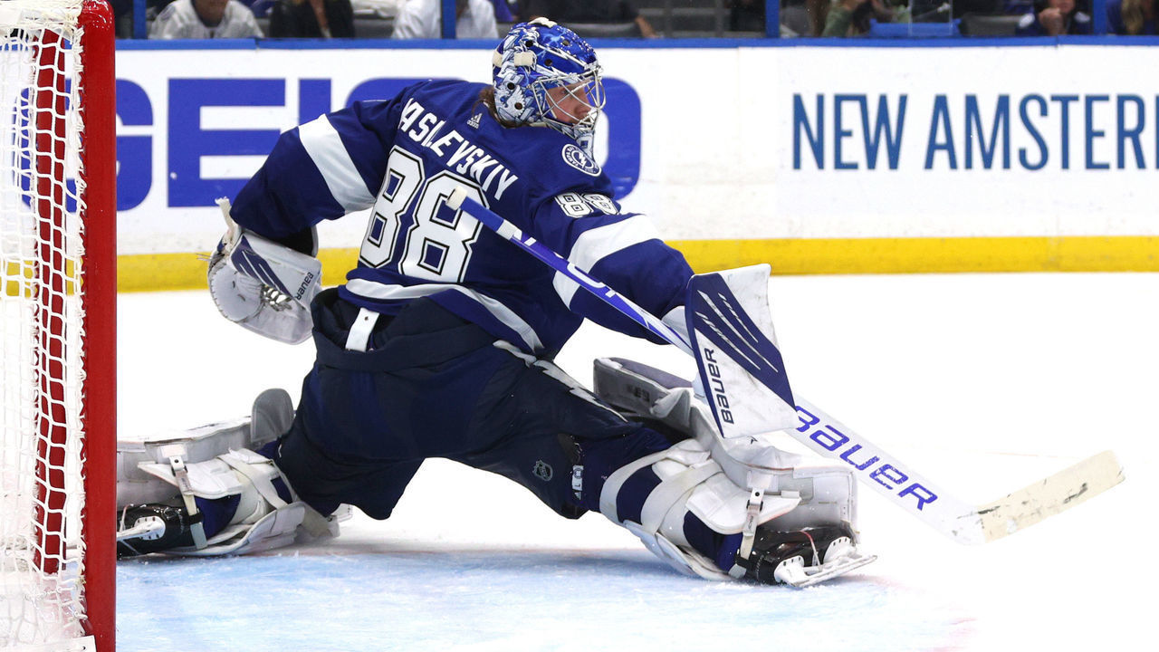 TAMPA, FLORIDA - JULY 07: Goaltender Andrei Vasilevskiy #88 of the Tampa Bay Lightning makes a save during the third period of Game Five of the 2021 Stanley Cup Final against the Montreal Canadiens at Amalie Arena on July 07, 2021 in Tampa, Florida.
