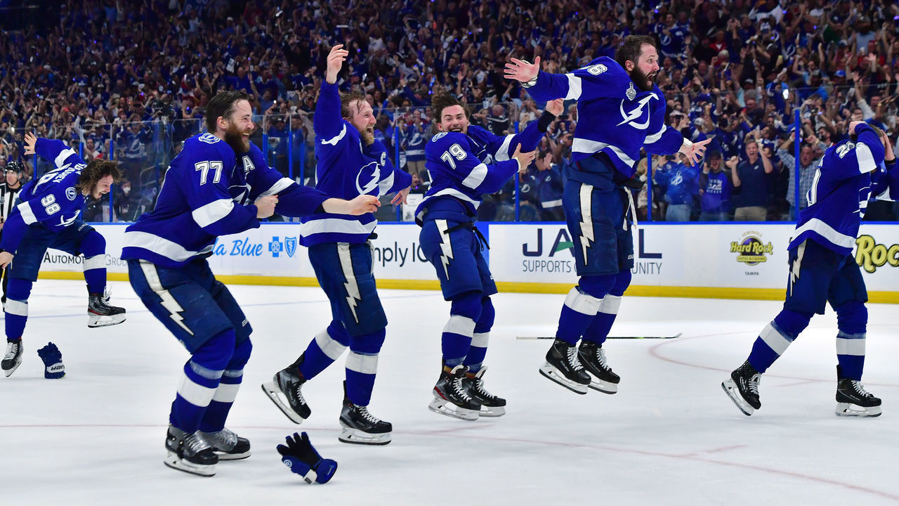 TAMPA, FLORIDA - JULY 07: The Tampa Bay Lightning celebrate after defeating the Montreal Canadiens 1-0 in Game Five to win the 2021 NHL Stanley Cup Final at Amalie Arena on July 07, 2021 in Tampa, Florida.