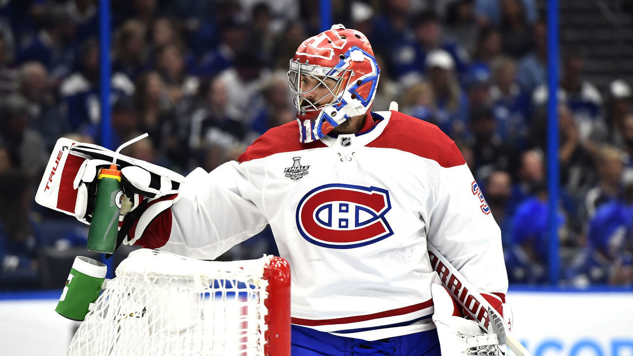 TAMPA, FLORIDA - JULY 07: Goaltender Carey Price #31 of the Montreal Canadiens grabs for his water bottle in the third period of Game Five of the 2021 Stanley Cup Final against the Tampa Bay Lightning at Amalie Arena on July 07, 2021 in Tampa, Florida.