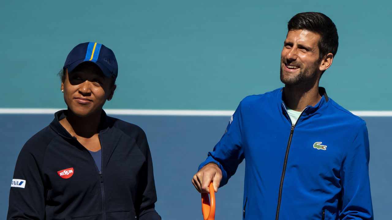 MIAMI GARDENS, FLORIDA - MARCH 20: (L-R) Naomi Osaka of Japan, Novak Djokovic of Serbia, Serena Williams of the United States and Roger Federer of Switzerland perform the ribbon cutting ceremony on the new Stadium Court at the Hard Rock Stadium, before the first match of the Miami Open on March 20, 2019 in Miami Gardens, Florida.