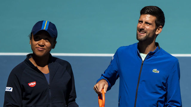 MIAMI GARDENS, FLORIDA - MARCH 20: (L-R) Naomi Osaka of Japan, Novak Djokovic of Serbia, Serena Williams of the United States and Roger Federer of Switzerland perform the ribbon cutting ceremony on the new Stadium Court at the Hard Rock Stadium, before the first match of the Miami Open on March 20, 2019 in Miami Gardens, Florida.