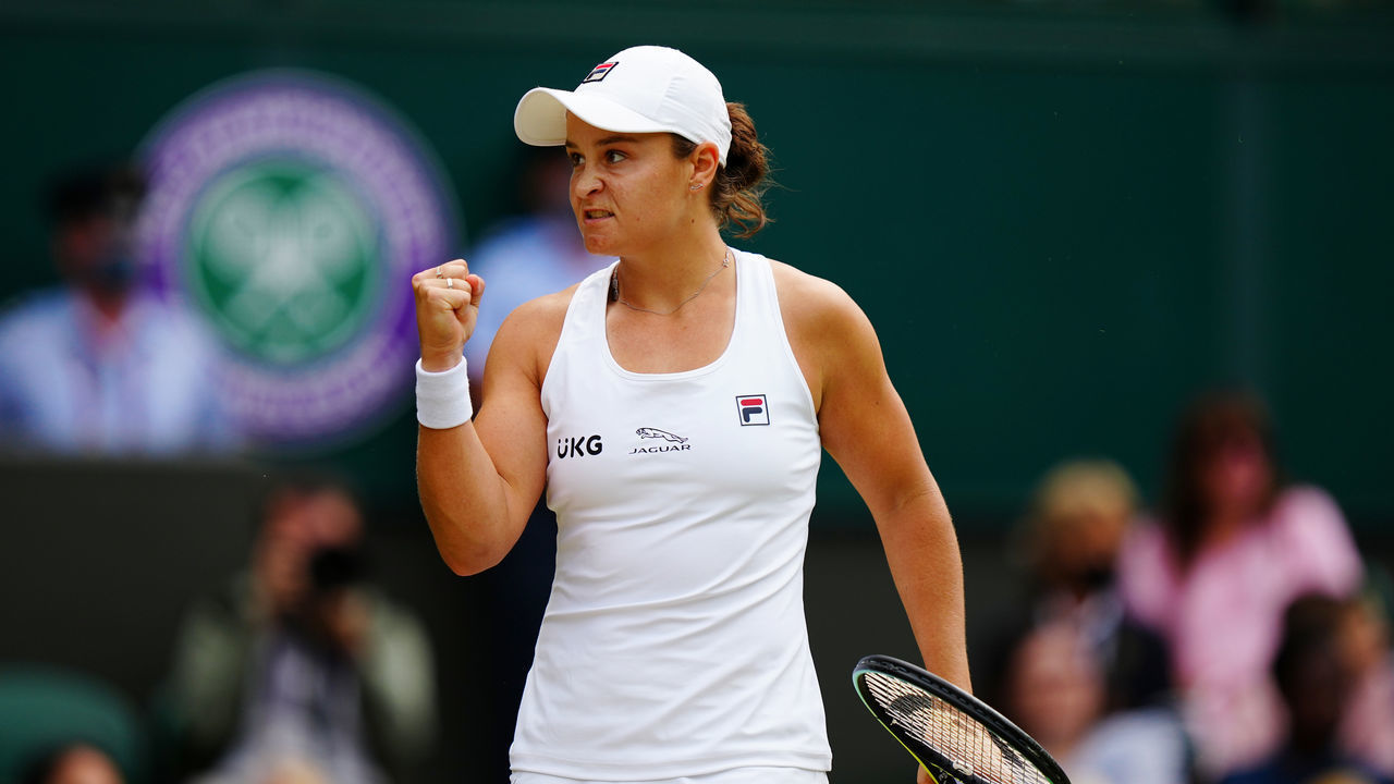 LONDON, ENGLAND - JULY 08: Ashleigh Barty of Australia celebrates in her Ladies' Singles Semi-Final match against Angelique Kerber of Germany on Day Ten of The Championships - Wimbledon 2021 at All England Lawn Tennis and Croquet Club on July 08, 2021 in London, England.