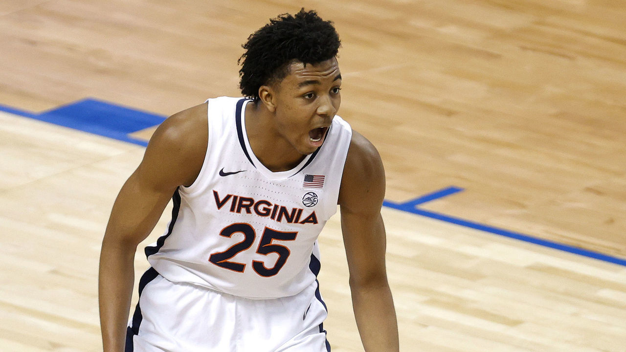 GREENSBORO, NORTH CAROLINA - MARCH 11: Trey Murphy III #25 of the Virginia Cavaliers reacts following a three point basket during the second half of their quarterfinals game against the Syracuse Orange in the ACC Men's Basketball Tournament at Greensboro Coliseum on March 11, 2021 in Greensboro, North Carolina.