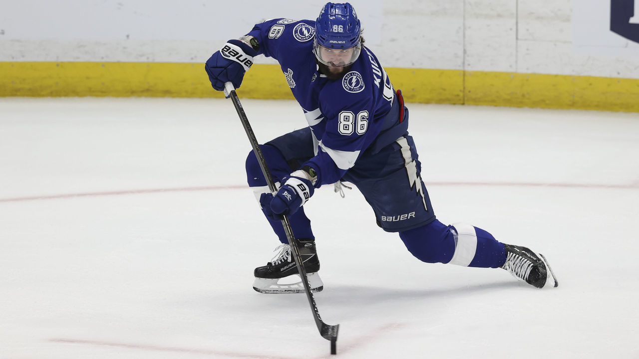TAMPA, FL - JUNE 28: Tampa Bay Lightning right wing Nikita Kucherov (86) takes a shot during Game 1 of the 2021 NHL Stanley Cup Final between the Montreal Canadiens and Tampa Bay Lightning on June 28, 2021 at Amalie Arena in Tampa, FL.