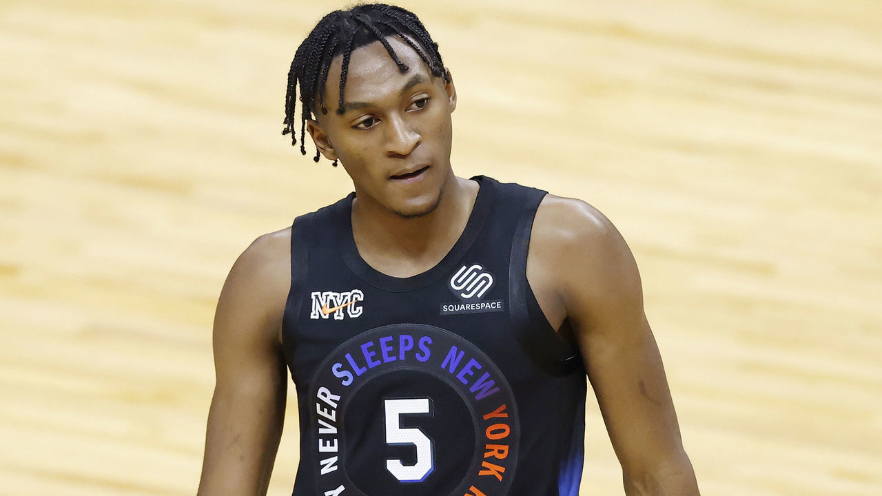 MIAMI, FLORIDA - FEBRUARY 09: Immanuel Quickley #5 of the New York Knicks reacts against the Miami Heat during the fourth quarter at American Airlines Arena on February 09, 2021 in Miami, Florida.
