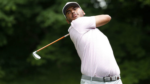 SILVIS, IL - JULY 08: PGA golfer Sebastian Munoz hits his tee shot on the 6th hole during the John Deere Classic on July 8, 2021 at TPC Deere Run in Silvis, Illinois.