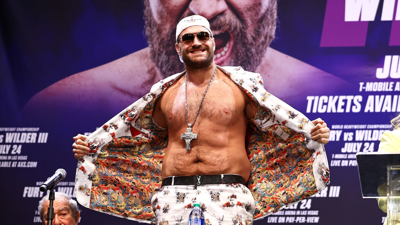 LOS ANGELES, CA - JUNE 15: WBC Heavyweight Champion Tyson Fury poses during their press conference for the WBC heavyweight championship at The Novo by Microsoft at L.A. Live on June 15, 2021 in Los Angeles, California.
