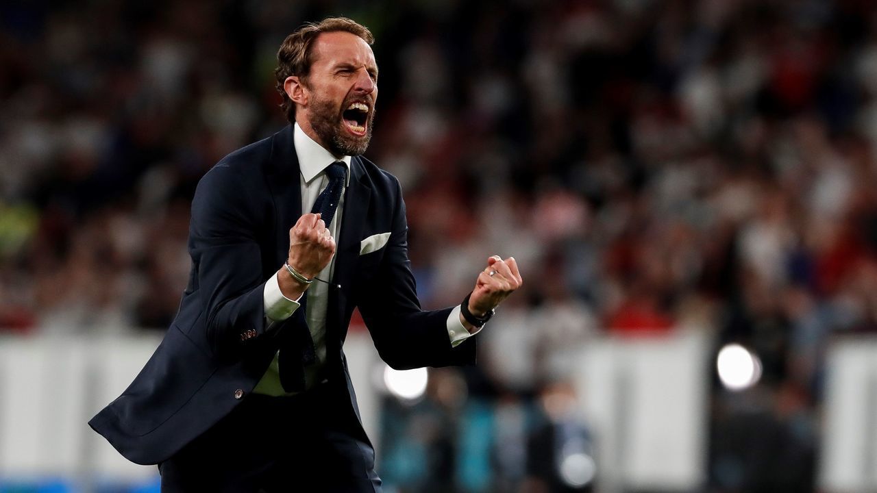 England's head coach Gareth Southgate celebrates after winning the semifinal between England and Denmark at the UEFA EURO 2020 in London, Britain, on July 7, 2021.