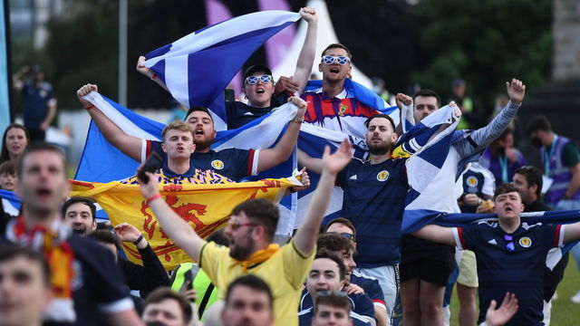 GLASGOW, SCOTLAND - JUNE 22: Scottish fans react as they watch the UEFA Euro 2020 Championship Group D match between Croatia and Scotland in the FanZone on June 18, 2021 in Glasgow, Scotland. Scotland play Croatia hoping to progress from the group stages of the Euro 2020 competition. Key Scotland player, Billy Gilmore, has contracted Covid-19 and will not play.