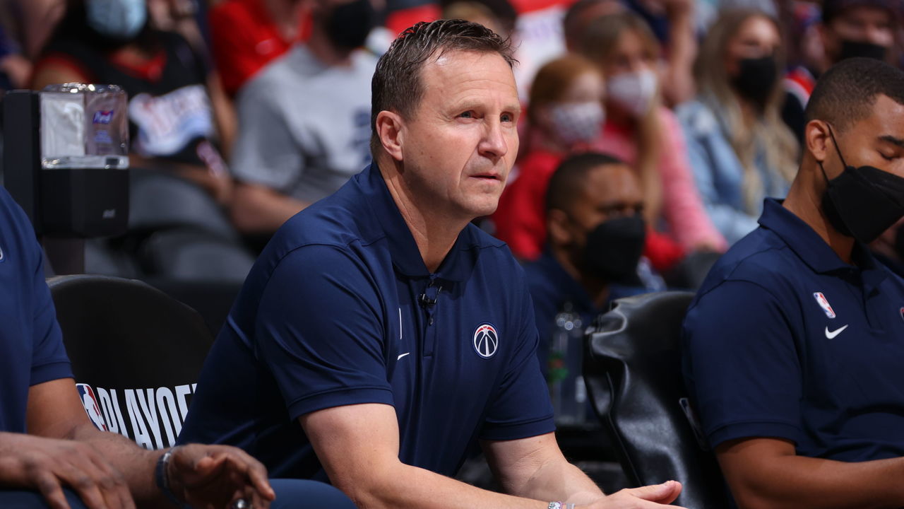 WASHINGTON, DC - MAY 31: Head Coach Scott Brooks of the Washington Wizards looks on during Round 1, Game 4 of the 2021 NBA Playoffs on May 31, 2021 at Capital One Arena in Washington, DC. Mandatory Copyright Notice: Copyright 2021 NBAE
