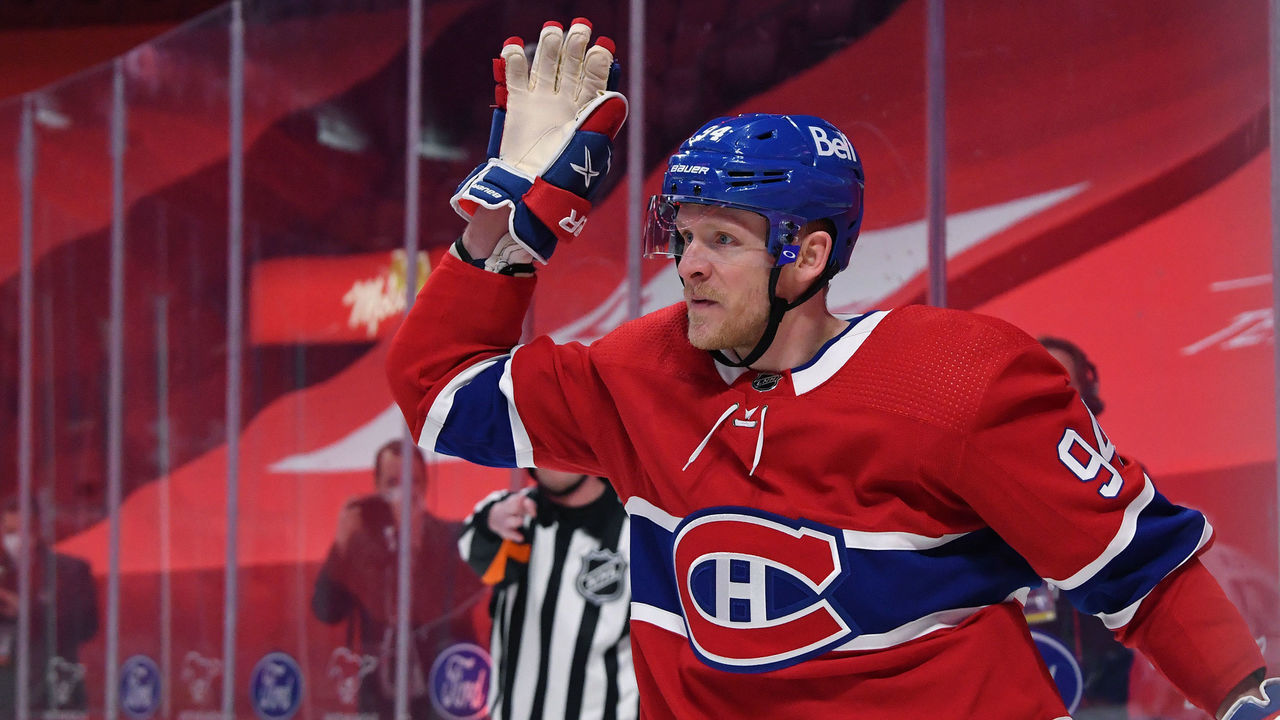 MONTREAL, QC - MARCH 19: Corey Perry #94 of the Montreal Canadiens celebrates after scoring a goal against the Vancouver Canucks in the NHL game at the Bell Centre on March 19, 2021 in Montreal, Quebec, Canada.