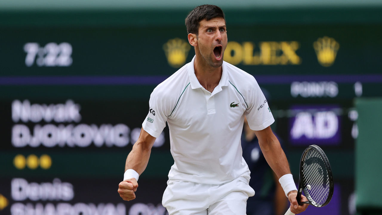 LONDON, ENGLAND - JULY 09: Novak Djokovic of Serbia celebrates breaking serve in his Men's Singles Semi-Final match against Denis Shapovalov of Canada during Day Eleven of The Championships - Wimbledon 2021 at All England Lawn Tennis and Croquet Club on July 09, 2021 in London, England.