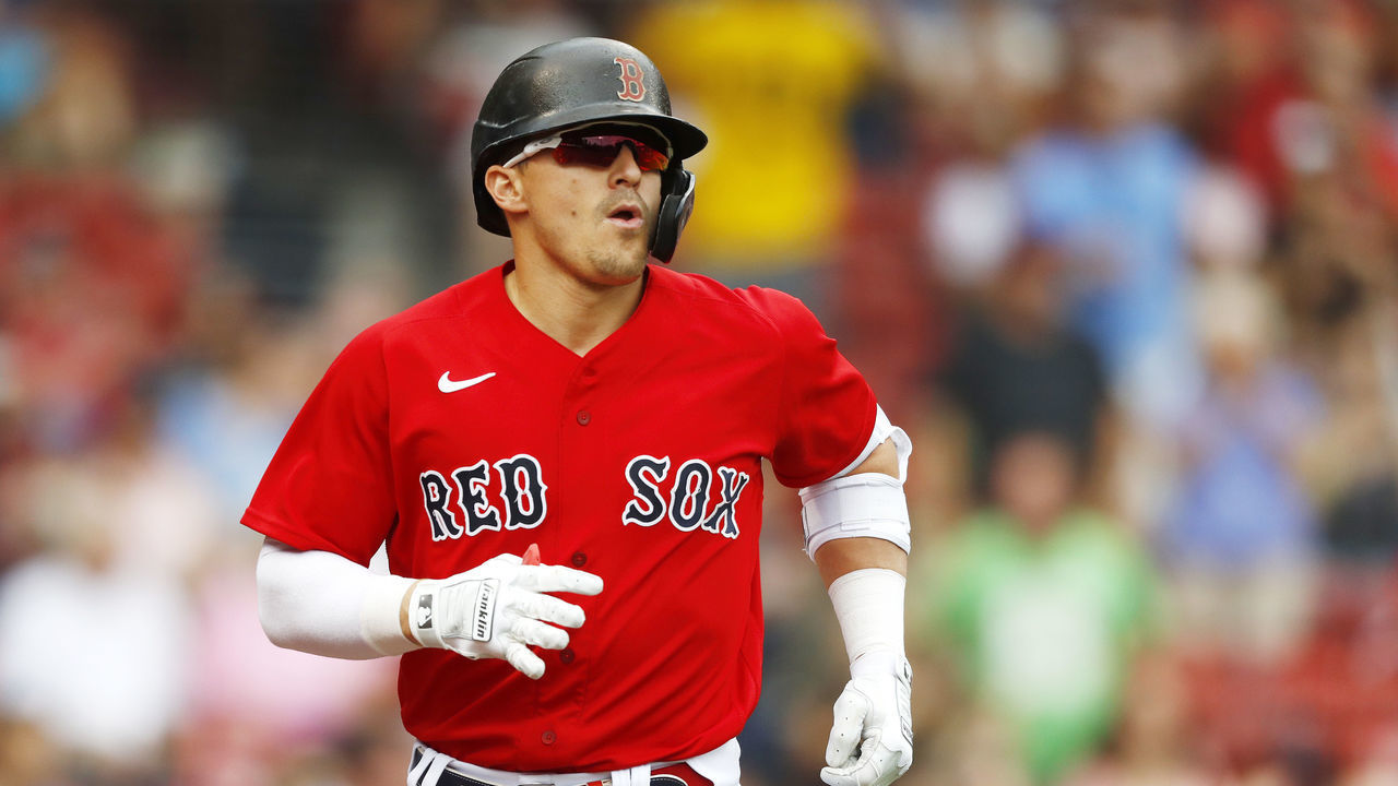 BOSTON, MASSACHUSETTS - JULY 01: Enrique Hernandez #5 of the Boston Red Sox looks on after hitting a solo home run in the bottom of the first inning of the game against the Kansas City Royals at Fenway Park on July 01, 2021 in Boston, Massachusetts.