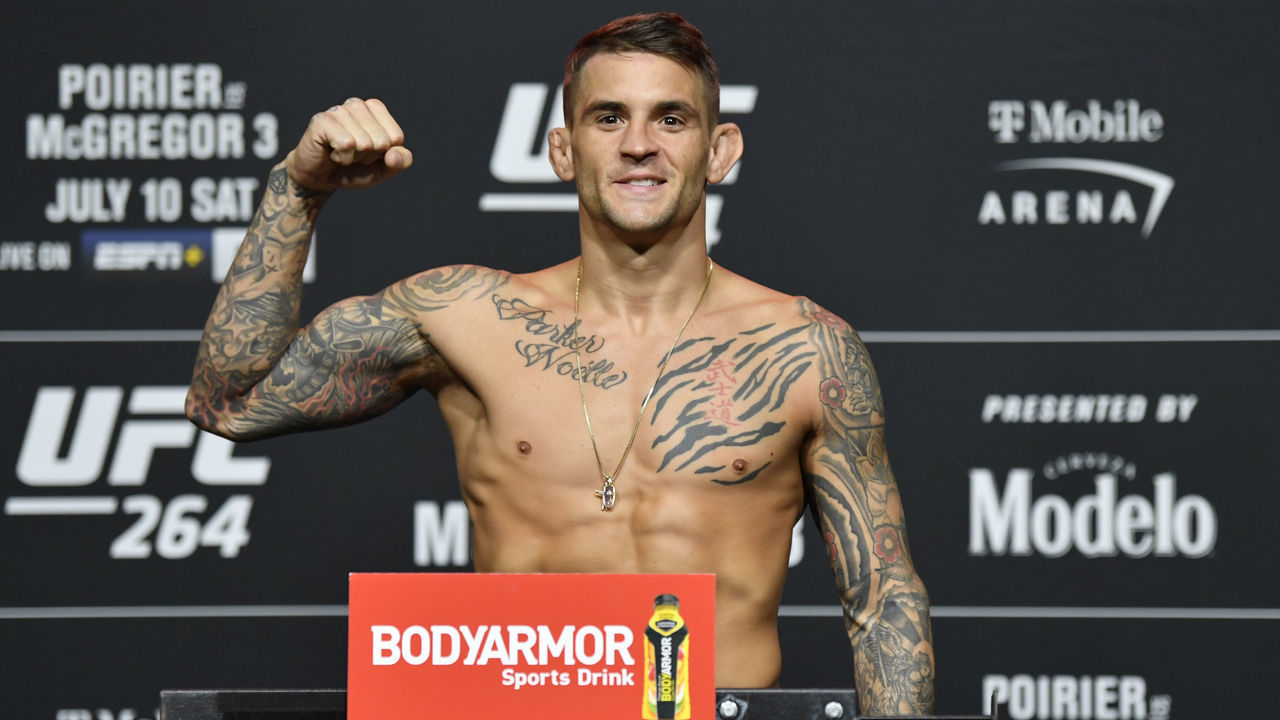 LAS VEGAS, NEVADA - JULY 09: Dustin Poirier poses on the scale during the UFC 264 official weigh-in at UFC APEX on July 09, 2021 in Las Vegas, Nevada.