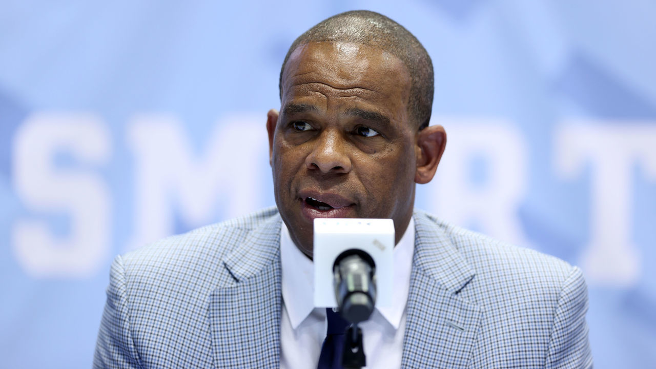 CHAPEL HILL, NC - APRIL 6: UNC Men's basketball head coach Hubert Davis during his introductory press conference at Dean E. Smith Center on April 6, 2021 in Chapel Hill, North Carolina.