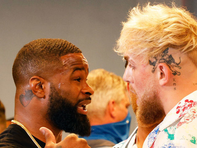 MIAMI, FLORIDA - JUNE 03: Jake Paul and Tyron Woodley take part in media availability at 5th St. Gym ahead of their August 28th boxing match on June 03, 2021 in Miami, Florida.